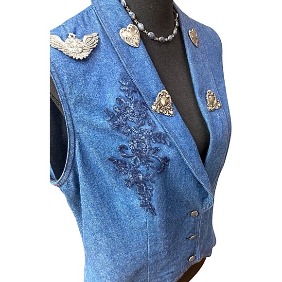 Graff Jackets & Blazers - Vintage Denim Vest Embellished Pewter Charms Floral Appliqué Size 14